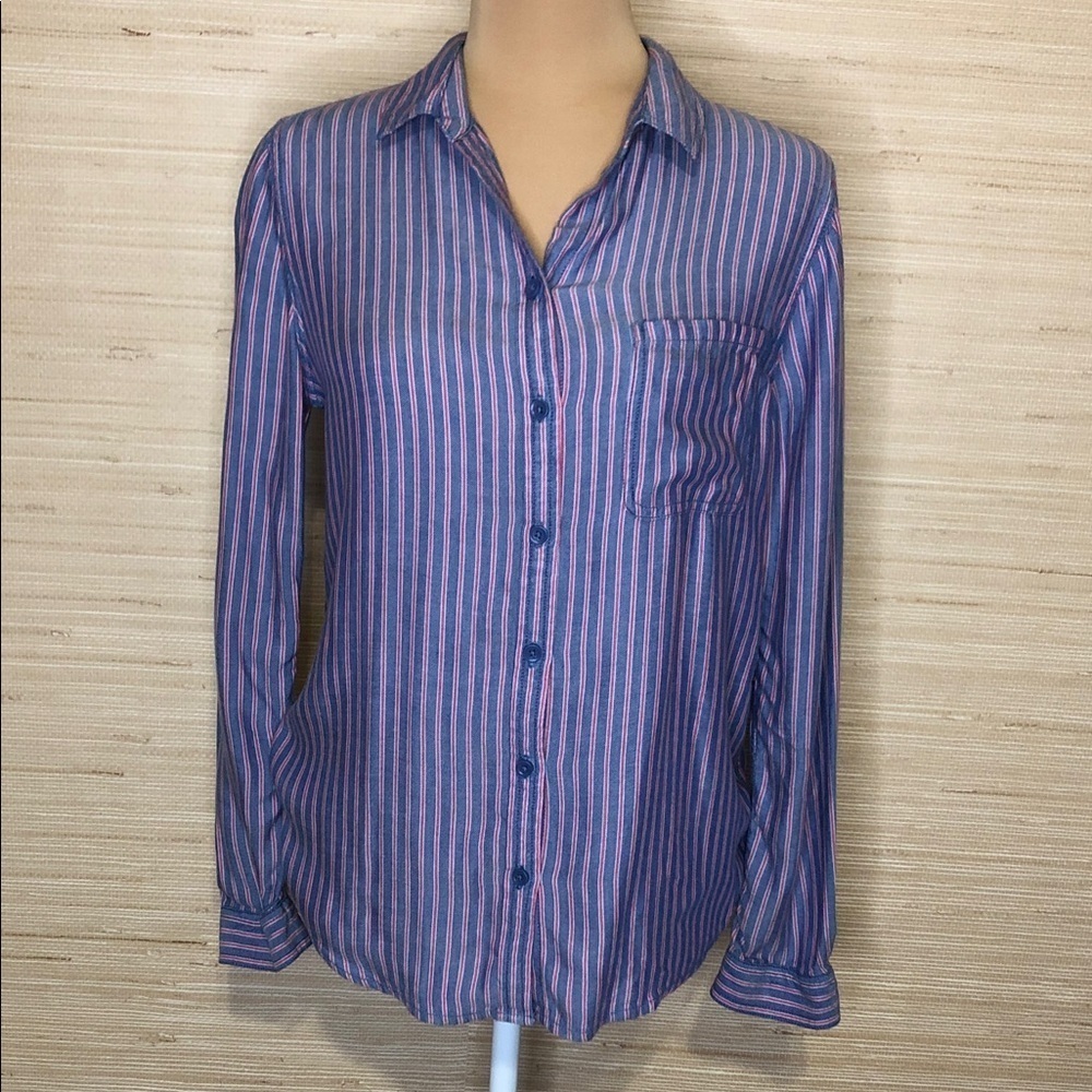 beachlunchlounge Blue Red Striped Women's Button Down Hi-low Long sleeve Shirt S